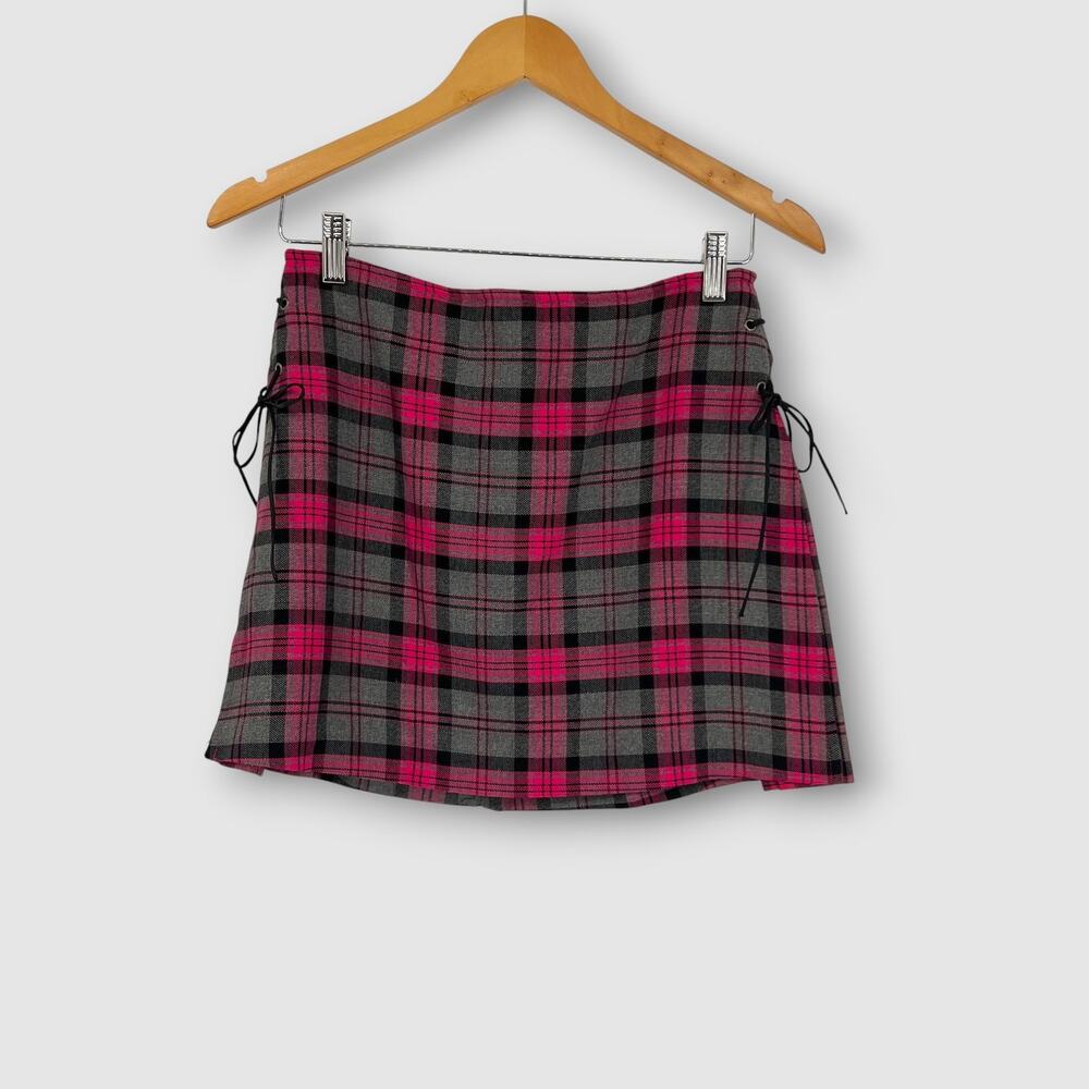 Y2k Vintage Lux Pink Plaid Mini Skirt Lace-Up Sides Size 5